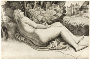 Frau, die in einer Landschaft liegt von Giulio Campagnola