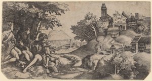 Hirten in einer Landschaft von Giulio Campagnola and Domenico Campagnola