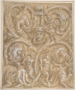 Entwurf für ein Zierpanel mit Rinceaux, Satyrn, Putti, Monstern und einem menschlichen Kopf, 1535-45 von Giulio Campi.