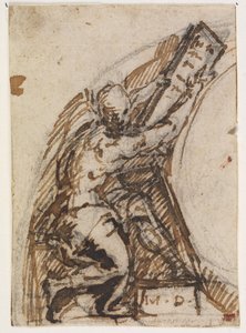 Sitzender Mann mit Schrifttafel(?). Architekturdetaill von Giulio Campi