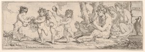 Bacchanal mit Satyr, der eine Laute spielt, umgeben von vier Figuren, die in eine Richtung schauen, 1640-60 von Giulio Carpioni