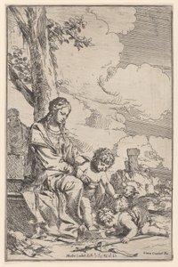 Die Heilige Familie mit dem kleinen Johannes, der die Füße Christi küsst, 1640-60 von Giulio Carpioni