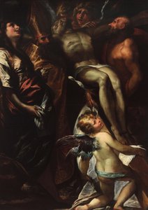 Die Kreuzabnahme mit den Heiligen Maria Magdalena, Augustinus, Hieronymus und Engeln, um 1618 von Giulio Cesare Procaccini