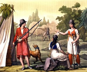 Bukanier und Frauen Freibeuter: der Pirat Jack Rackham genannt der Rote oder John Rackham, besser bekannt als Calico Jack (? -1720) dargestellt mit Anne Bonny (Bonney) und Mary (Marc) Read in Westindien. Tafel aus „Das alte und moderne Kostüm“ von Ferrario von Giulio Ferrario