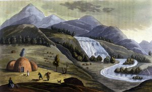 Landschaft von Lappland (Gebiete von Norwegen, Schweden, Finnland und Russland), Behausungen der indigenen (Sami) in „Das alte und moderne Kostüm“ von Ferrario, ed. Mailand von Giulio Ferrario