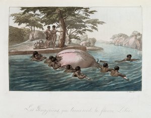 Bewohner von Sansibar überqueren den Fluss Lebee schwimmend - in „Das alte und moderne Kostüm“ von Ferrario, ed. Mailand