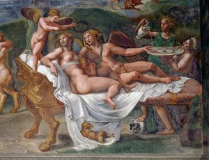 Amor und Psyche mit ihrer Tochter Voluptas (Vergnügen) auf dem Bett liegend, Detail aus Hochzeitsfest oder Bankett der Götter, Fresko von Giulio Romano (1499-1546), Palazzo Te, Mantua (UNESCO-Welterbeliste, 2008), Lombardei, Italien von Giulio Romano
