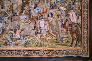 Serie Die Taten des Scipio: Die Schlacht bei Zama. Zeichner Giulio Romano. Atelier von Balthasar van Vlierden (?), Brüssel. 1523-1532. (Detail) von Giulio Romano