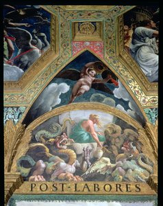 Lunette, die Psyche darstellt, wie sie eine von Venus gestellte Aufgabe erfüllt, aus der Unterwelt ein Gefäß mit der Schönheit von Proserpina zu holen von Giulio Romano