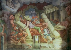 Sala dei Giganti, Detail der Zerstörung der Giganten durch Jupiters Blitze, 1536 (Detail) von Giulio Romano