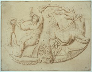 Satyr mit zwei Pfeifen und Putto und Frau, die von einem Baum trinkt von Giulio Romano