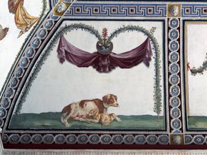 Die Camera con Fregio di Amorini (Detail eines Hundes und eines Welpen) von Giulio Romano