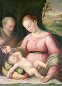 Die Heilige Familie in einer bergigen Landschaft von Giulio Romano