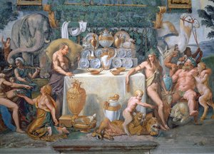 Das edle Bankett zur Feier der Hochzeit von Amor und Psyche, Detail zeigt Dionysius und Silenus rechts von einem Tisch mit dem Tafelservice, aus der Sala di Amore e Psiche, 1528