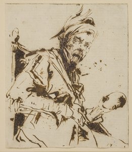 Männliche Halbfigur, sitzend auf einem Stuhl, trägt einen Federhut und hält einen Schädel(?) in der linken Hand von Giuseppe Bernardino Bison