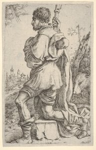 Heiliger Rochus, kniend auf einem Stein, von der Seite gesehen mit seinem Hund dahinter, 1620-30 von Giuseppe Caletti
