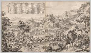 Angriff auf das Lager bei Gatan Ola: aus den Schlachtszenen der Niederschlagung von Aufständen..., ca. 1765-1774 von Giuseppe Castiglione