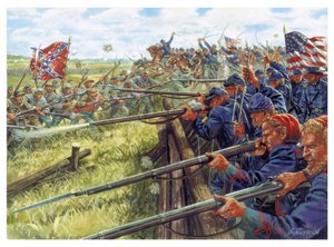 Amerikanischer Bürgerkrieg: Schlacht zwischen den Grauen (Soldaten der Konföderation) und den Blauen (Soldaten der Union) - Illustration von Giuseppe Rava
