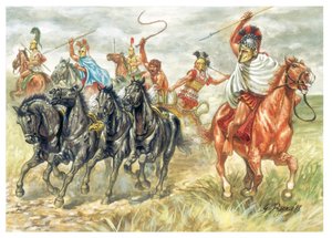 Antikes Griechenland: Griechische Kavalleriesoldaten und Streitwagen - Illustration von Giuseppe Rava von Giuseppe Rava