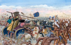 Ägyptische Antike: Der Angriff der hethitischen Streitwagen von Mupatalli gegen die ägyptische Armee von Ramses II. während der Schlacht von Qadesh 1274 v. Chr. von Giuseppe Rava