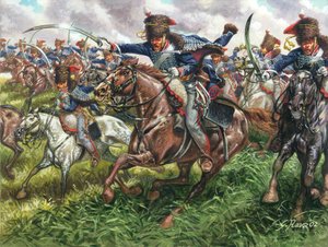 Erstes Kaiserreich: der Angriff des 15. Regiments der englischen Dragoner in der Schlacht von Waterloo am 18.06.1815 - Illustration von Giuseppe Rava von Giuseppe Rava