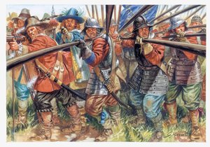 Erste Englische Revolution (1641-1649): Infanteristen von Oliver Cromwells New Model Army - Illustration von Giuseppe Rava