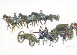 Erstes Kaiserreich: das Gribeauval-Artilleriesystem von Jean Baptiste de Gribeauval (1715-1789), der die Artillerie unter Ludwig XV. reorganisierte - Illustration von Gius von Giuseppe Rava