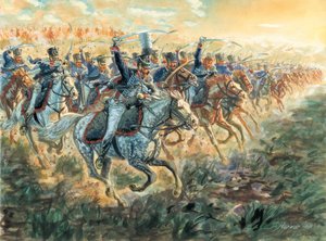 Erstes Kaiserreich: der Angriff der preußischen Husaren um 1810 - Illustration von Giuseppe Rava von Giuseppe Rava