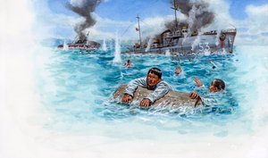 Französisch-Thailändischer Krieg (1940-1941): Seeschlacht zwischen der Armee Thailands von General Plaek Pibulsonggram genannt Phibun und der französischen Armee der Vichy-Regierung in Indochina - Illustration von Giuseppe Rava