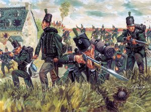 Napoleonische Kriege: Britische Scharfschützen des 95. Regiments verteidigen einen Sandsteinbruch in der Schlacht von Waterloo am 18. Juni 1815 (Illustration von Giuseppe Rava) von Giuseppe Rava
