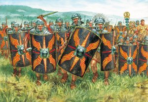Römische Antike: Eine Gruppe römischer Legionäre (Illustration von Giuseppe Rava) von Giuseppe Rava