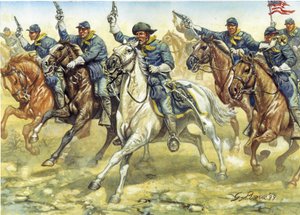 Sezessionskrieg (1861-1865): Soldaten der nördlichen Kavallerie (Union) während einer Schlacht - Amerikanischer Bürgerkrieg: Soldaten der Kavallerie des Nordens (Union) während einer Schlacht - Illustration von Giuseppe Rava