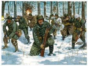 Zweiter Weltkrieg: Amerikanische Offensive während der Schlacht in den Ardennen, Dezember 1944 (Illustration von Giuseppe Rava) von Giuseppe Rava