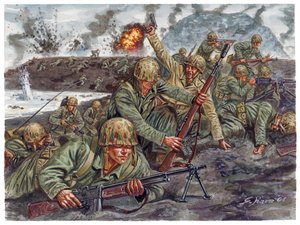 Zweiter Weltkrieg, Pazifikkrieg: Landung des amphibischen Korps der Marines während der Schlacht von Iwo Jima am 19.02.1945 in Japan - Illustration von Giuseppe Rava