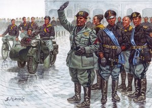 Der Duce Benito Mussolini (1883-1945), begleitet von seinen Schwarzhemden, beim faschistischen Gruß während einer Militärparade - Illustration von Giuseppe Rava