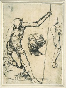 Figurenstudien: Mann mit Stange, Kopf eines Mannes mit Turban und ein linker Arm von hinten gesehen