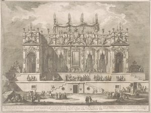Die Seconda Macchina für die Chinea von 1764: Eine prächtige Galerie, die nachts beleuchtet wird von Giuseppe Vasi, after Giuseppe Palazzi, after Paolo Posi