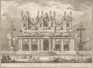 Die Seconda Macchina für die Chinea von 1765: Ein dekoriertes Gebäude mit Schlaraffenlandstangen von Giuseppe Vasi, after Giuseppe Palazzi, after Paolo Posi