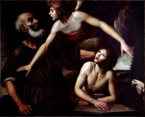 Das Opfer Isaaks Der Engel stoppt die Hand Abrahams (Opfer Isaaks) Gemälde von Giuseppe Vermiglio (1585-1635) 17. Jahrhundert Genua, Musei di Strada Nuova (ex Palazzo Bianco)