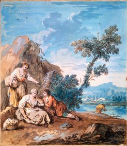 Drei Bauern ruhen sich an einem Flussufer aus, ca. 1750