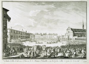 Festa della Corsa dei Cocchi auf der Piazza Santa Maria Novella. Das Fest der Corsa dei Cocchi auf dem Platz der Kirche Santa Maria Novella in Florenz. Zeichnung von Giuseppe Zocchi (1711-1767). Florenz, Biblioteca Riccardiana. von Giuseppe Zocchi