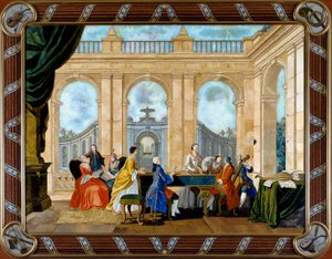 Tafel mit Pietre Dure Intarsien, Musik darstellend