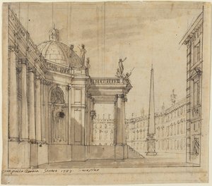 Bühnenbild: Eine Piazza mit einer Kuppelkirche und einem Obelisken