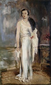 Porträt von Loelia, Herzogin von Westminster, später Lady Lindsay, klein in voller Länge, im Abendkleid von Glyn Warren Philpot