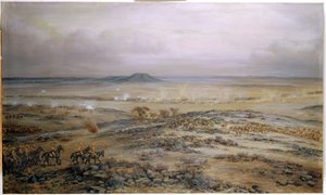 Der Angriff auf Cronjes Truppen bei Vedute Drift nahe Paardeberg, 1900 von Godfrey Douglas Giles