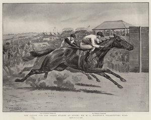 Das Ziel des Derby Stakes in Epsom, Mr. W. C. Whitneys Volodyovski gewinnt von Godfrey Douglas Giles