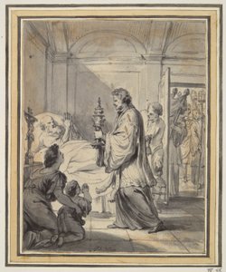 Mann auf seinem Sterbebett mit Priester und anderen von Godfried Maes