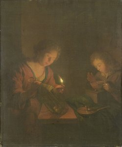 Feuer und Licht (Ein Mädchen stellt eine Kerze in eine Laterne und ein Junge bläst auf die Kohlen in einem Kohlenbecken)