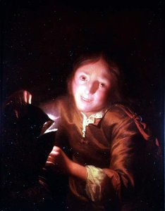 Ein Junge hält eine Kerze hinter einer Halloween-Maske von Godfried Schalcken