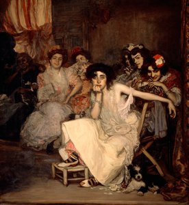 „Die Sklavin“ Gruppe spanischer Prostituierter, eine von ihnen hat einen traurigen Blick von Gonzalo Bilbao Martinez